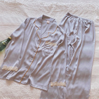 Ideamini法式优雅]睡衣女春冰蕾丝甜美开衫宽松家居服女薄款睡衣