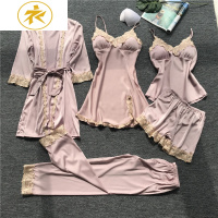 Ideamini冰丝睡衣女春秋薄款性感蕾丝吊带睡裙带胸垫五件套装睡袍家居服夏睡衣