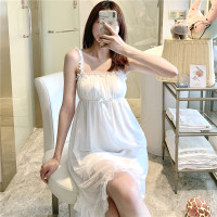 Ideamini棉网纱蕾丝吊带睡裙夏季白色少女宫廷公主风睡衣夏天性感带胸垫睡衣