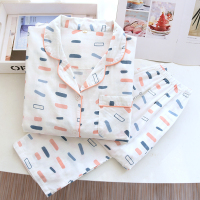 Ideamini小清新棉双层棉纱女士家居服套装长袖长裤薄款棉睡衣春开衫睡衣