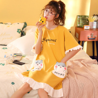 Ideamini睡裙女夏短袖棉中长款裙子大码甜美可爱夏天女士睡衣棉家居服睡衣