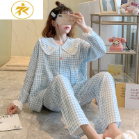 Ideamini格子棉长袖棉麻睡衣日系女春秋夏季甜美泫雅花朵宽松薄款家居服睡衣