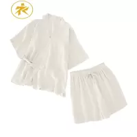 Ideamini亚麻棉色古朴日式情侣和服浴衣 茶道短袖男女大码睡衣家居套装睡衣