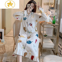 Ideamini棉长袖睡裙女春秋可爱猫咪春季大码胖MM孕妇睡衣裙子薄款可外穿睡衣