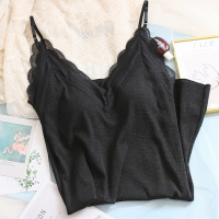 Ideamini新款蓬松格子棉家居长裙吊带背心带胸垫睡衣宽松舒适甜美蕾丝边女睡衣