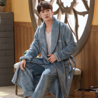 Ideamini秋冬季法兰绒情侣睡袍男士两件套睡衣加厚珊瑚绒浴袍女长款加睡裤睡衣