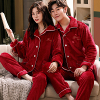 Ideamini结婚睡衣情侣秋冬款珊瑚绒加绒加厚新婚红色男女家居服套装新娘冬睡衣