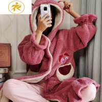 Ideamini草莓熊睡衣女秋冬款保暖珊瑚绒卡通加厚睡袍加长款学生宽松家居服睡衣