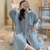 Ideamini长袖珊瑚绒浴袍睡衣女可爱网红款春秋冬季加厚法兰绒孕妇晨袍睡裙睡衣