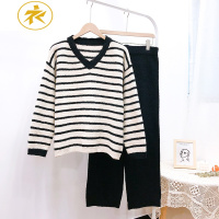 Ideamini毛线针织珊瑚绒睡衣女冬季保暖加厚条纹家居服套头套装秋冬可外穿睡衣