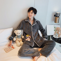 Ideamini睡衣情侣冬季加绒加厚珊瑚绒法兰绒小熊绣花男女士宽松保暖家居服睡衣