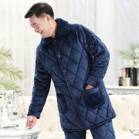 Ideamini冬季法兰绒中老年人睡衣男珊瑚绒保暖老年三层加厚加绒夹棉家居服睡衣