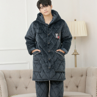 Ideamini睡衣男冬天加厚加绒三层夹棉保暖男士长款棉袄睡衣珊瑚绒外穿套装睡衣