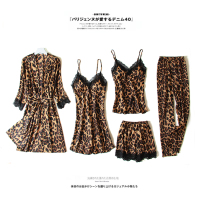 Ideamini五件套睡衣女夏性感豹纹薄款冰吊带短款套装带胸垫露背家居服睡衣