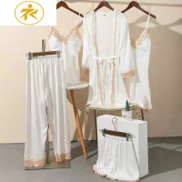 Ideamini春秋夏睡衣女性感五件套冰薄款大码长袖睡袍睡裙吊带胸垫外穿睡衣