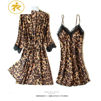 Ideamini性感豹纹睡衣女冰丝薄款网红同款睡袍睡裙两件套带胸垫家居服套装睡衣