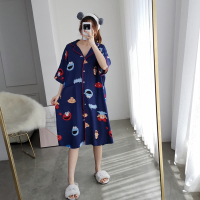 Ideamini加大码棉绸短袖加长睡裙夏季开衫连衣裙睡衣宽松孕妇胖MM家居服女睡衣