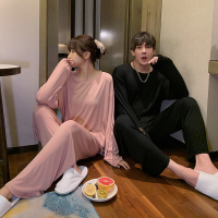 Ideamini莫代尔情侣睡衣女春秋薄款长袖简约韩版性感家居服男套装宽松大码睡衣