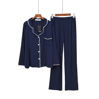 Ideamini睡衣女秋 莫代尔休闲简约长袖开衫小翻领春秋情侣家居服套装睡衣