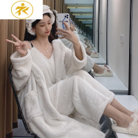 Ideamini四件套珊瑚绒睡袍女秋冬季加绒加厚中长款法兰绒睡衣冬天家居服睡衣