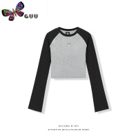 语娄美式复古灰黑色插肩bm风长袖T恤女chic港风潮流百搭短款上衣夏季