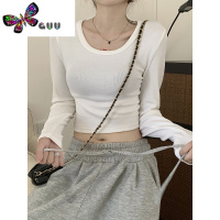 语娄长袖内搭白色T恤女秋季新款修身短款露肚脐打底衫弹力显廋上衣潮