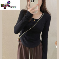 语娄2023不规则玫粉色内搭打底衫女长袖t恤别致漂亮短款上衣体恤