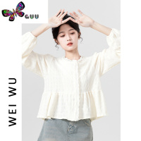语娄荷叶边长袖衬衫女2023新款肌理感蕾丝拼接衬衣短款娃娃衫上衣