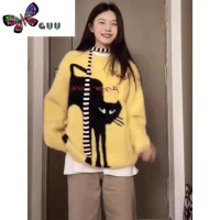语娄韩版hiphop潮牌卡通猫咪毛衣女宽松慵懒风设计感百搭针织上衣