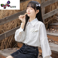 语娄2023年秋新款花朵灯笼袖设计感白衬衫女宽松木耳边洋气衬衣