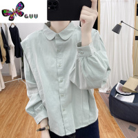 语娄秋装元宝领灯笼袖长袖衬衣女式2023韩系复古减龄上衣打底衬衫