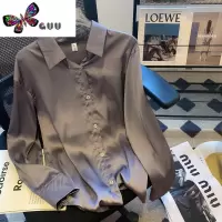 语娄白色醋酸缎面衬衫女春季新款职业气质上衣叠穿长袖早秋开衫衬衣潮