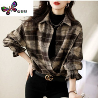 语娄2023年磨毛格子衬衫长袖新款时尚减龄复古格纹花边袖女式衬衣