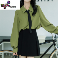 语娄夏季薄灯笼长袖上衣设计感小众高级垂感牛油果绿色领带雪纺衬衫女
