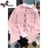 语娄粉色甜美花朵刺绣长袖衬衫女秋季2023新款设计感小众法式浪漫上衣