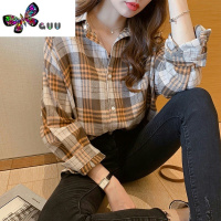 语娄港风复古深色格子衬衫女新款宽松休闲高级感内搭叠穿衬衣外套