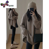 语娄浣熊绒毛衣女中长款日系慵懒复古风开叉套头加厚外穿针织衫