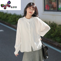 语娄艺野系 法式甜美蕾丝立领白色长袖衬衫女小众设计肌理感衬衣