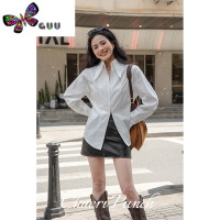 语娄枝冉卷法式复古小众设计感白色尖领拉链衬衫女秋长袖上衣港风蓝色