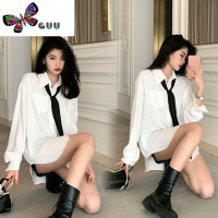 语娄2023新款学院风领带宽松白衬衣女高级感别致中长款衬衫上衣