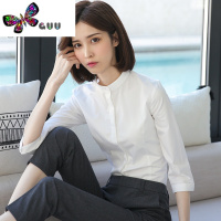 语娄白色衬衫女式通勤圆领七分袖职业白衬衣立领工装正装无领内搭