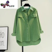 语娄牛油果绿中长款灯芯绒衬衫女2023新款上衣双口袋衬衣外套开衫
