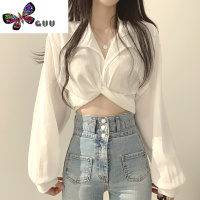 语娄法式chic春季法式小众设计感后背系带蝴蝶结露肚脐短款衬衫上衣女