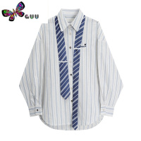 语娄M1 CB美式复古条纹衬衫设计感小众宽松Polo领长袖上衣大码女装