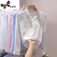 语娄设计感小立领勾花镂空棉布衬衣2023秋季新长袖气质OL打底衬衫上衣