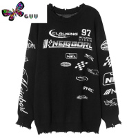 语娄NFADACAI潮牌复古毛边赛车服字母提花黑色毛衣宽松男女情侣针织衫