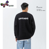 语娄日系纯色痞帅字母贴标圆领毛衣男潮牌宽松情侣套头打底针织衫