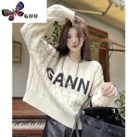 语娄2023年新款女装休闲字母麻花针织衫宽松减龄短款圆领毛衣潮