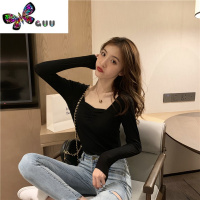 语娄春装2023年新款女装方领锁骨长袖t恤上衣内搭打底衫紧身性感