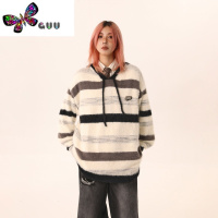 语娄散养文化仿貂毛连帽条纹毛衣女男氛围感软糯慵懒风宽松上衣